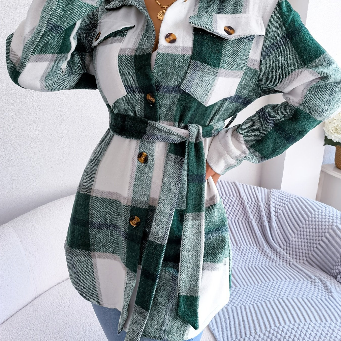 Plaid Lapel Long Sleeve Coat, Casual Button Front Outerwear For Winter & Fall, Women's Clothing