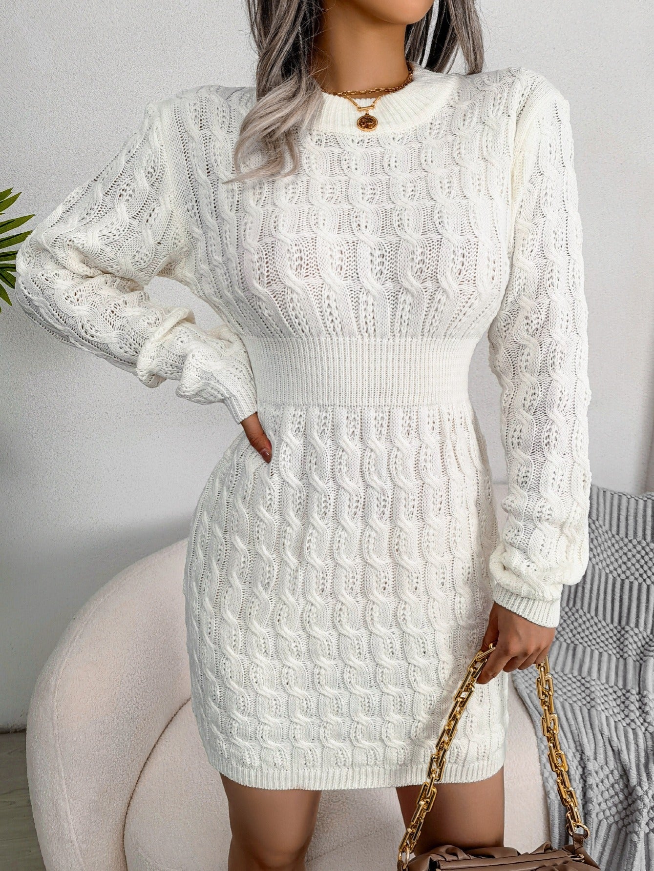 Women's Sweater Round Neck Solid Twist Waist Bottoming Fall Winter Sweater Dress