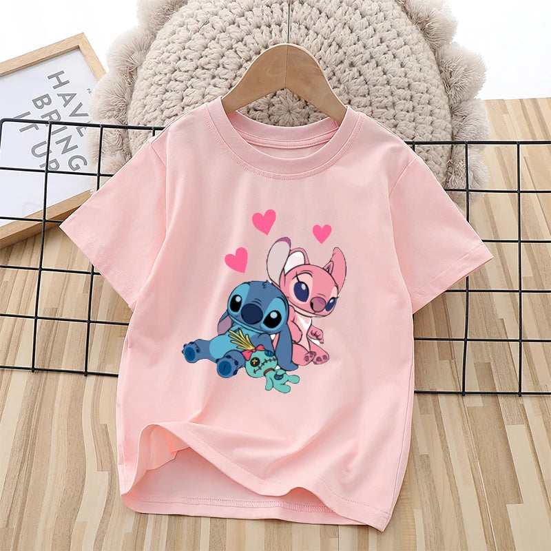 Disney Stitch Kids Cotton T-shirt Anime Cartoon Printed Pink Pullover Summer Boys Girls Comfortable Breathable Top Birthday Gift