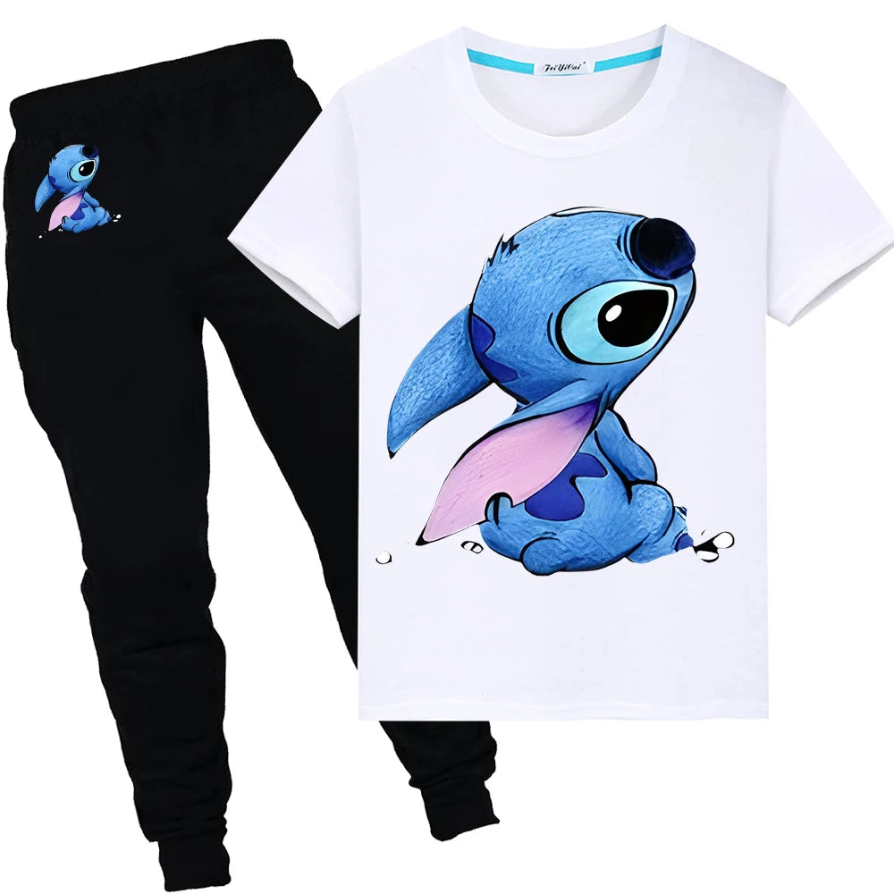 Stitch Disney Summer Sports suit boys girls Print 100%Cotton T-shirt Cute Tshirts disney Kawaii Tees Short+pant kid holiday gift
