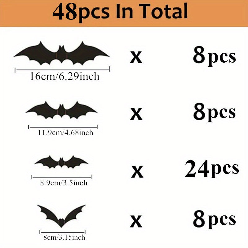12/24/36/48/60/72/96/120/144pcs, 3D Black PVC Bat Halloween Decoration - Scary Decor Props For Bar Room, Wall Sticker - Perfect For Halloween Party And Supplies, Weird Stuff - Halloween Decorations, Halloween Home Decor, Hall