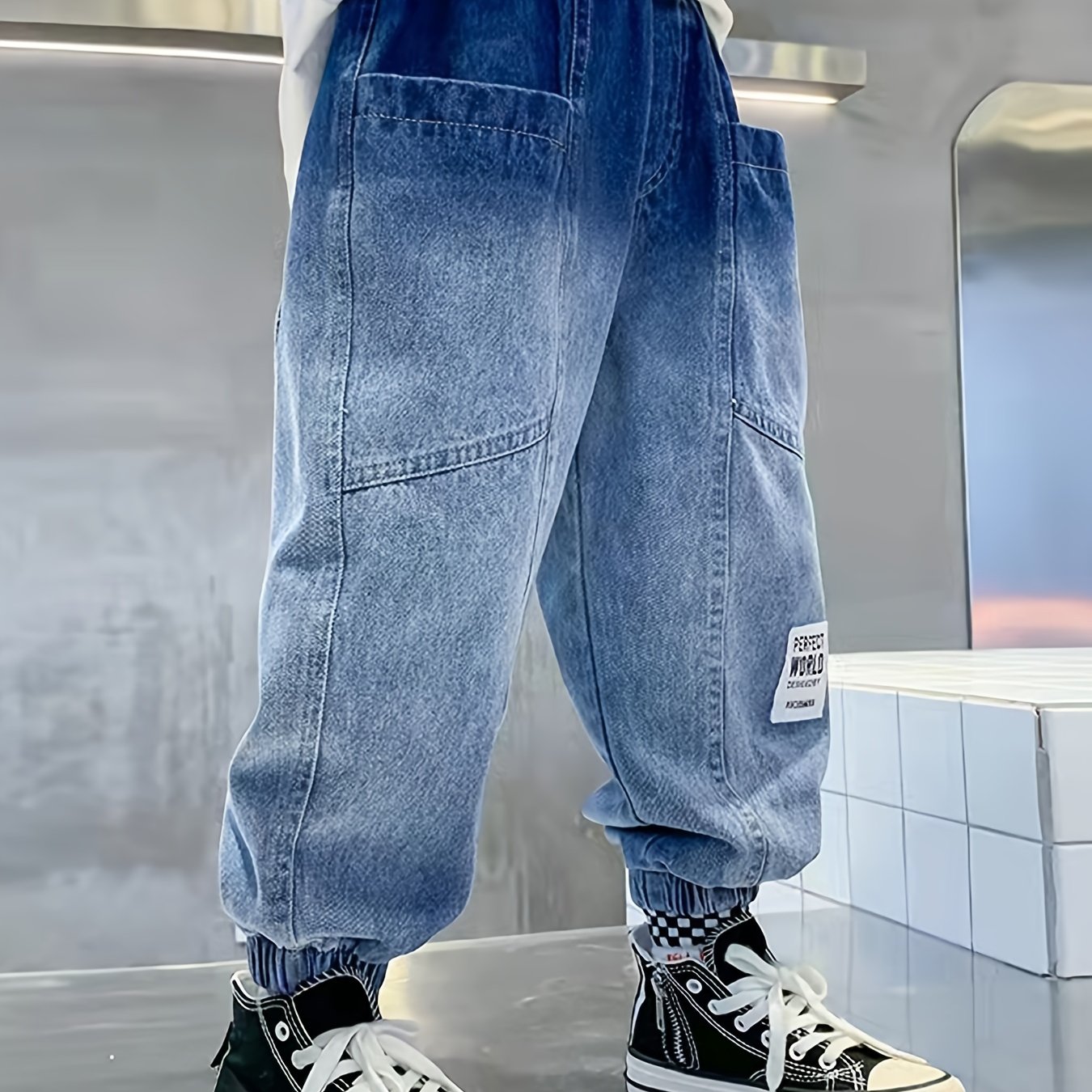 Boys Tapered Cargo Denim Jeans With Elastic Waistband Kids Clothes, K-pop