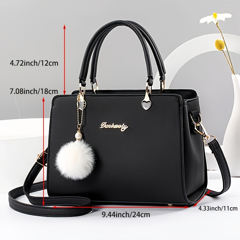 Faux Leather Solid Color Shoulder Bag, Removable Strap, Zipper Closure, Multi Layer Crossbody Bag Design, Polyester Lining, Fade Resistant, Pom Pom Charm, Perfect Holiday Gift