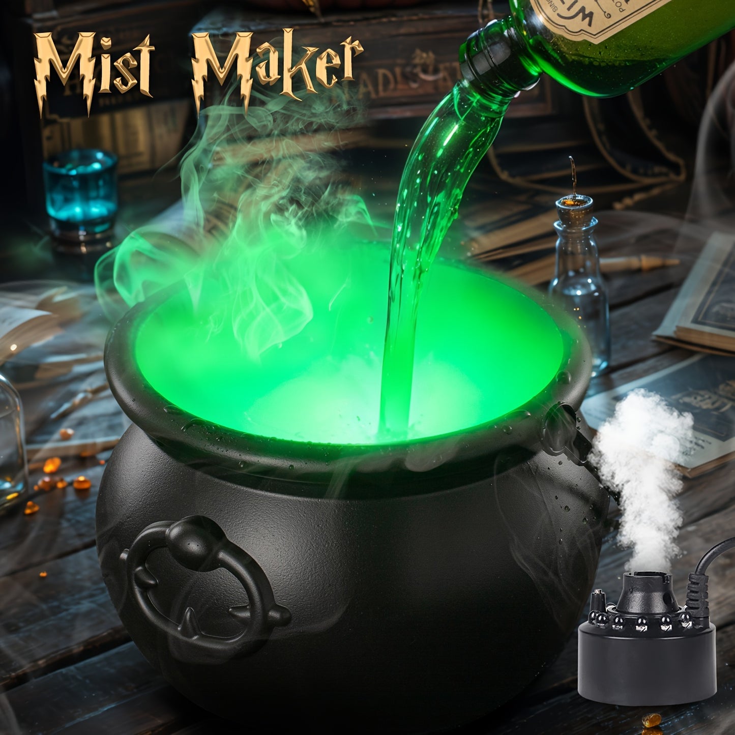 Indoor Halloween Decorations - Witch's Cauldron With Magical Bottles & Fog Maker - Perfect Halloween Party Decor For Home Mantel Table Gifts.