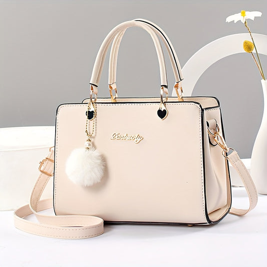 Faux Leather Solid Color Shoulder Bag, Removable Strap, Zipper Closure, Multi Layer Crossbody Bag Design, Polyester Lining, Fade Resistant, Pom Pom Charm, Perfect Holiday Gift