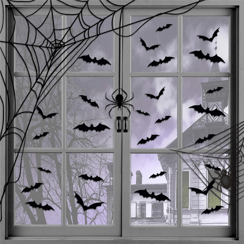 12/24/36/48/60/72/96/120/144pcs, 3D Black PVC Bat Halloween Decoration - Scary Decor Props For Bar Room, Wall Sticker - Perfect For Halloween Party And Supplies, Weird Stuff - Halloween Decorations, Halloween Home Decor, Hall