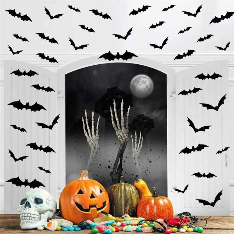 12/24/36/48/60/72/96/120/144pcs, 3D Black PVC Bat Halloween Decoration - Scary Decor Props For Bar Room, Wall Sticker - Perfect For Halloween Party And Supplies, Weird Stuff - Halloween Decorations, Halloween Home Decor, Hall