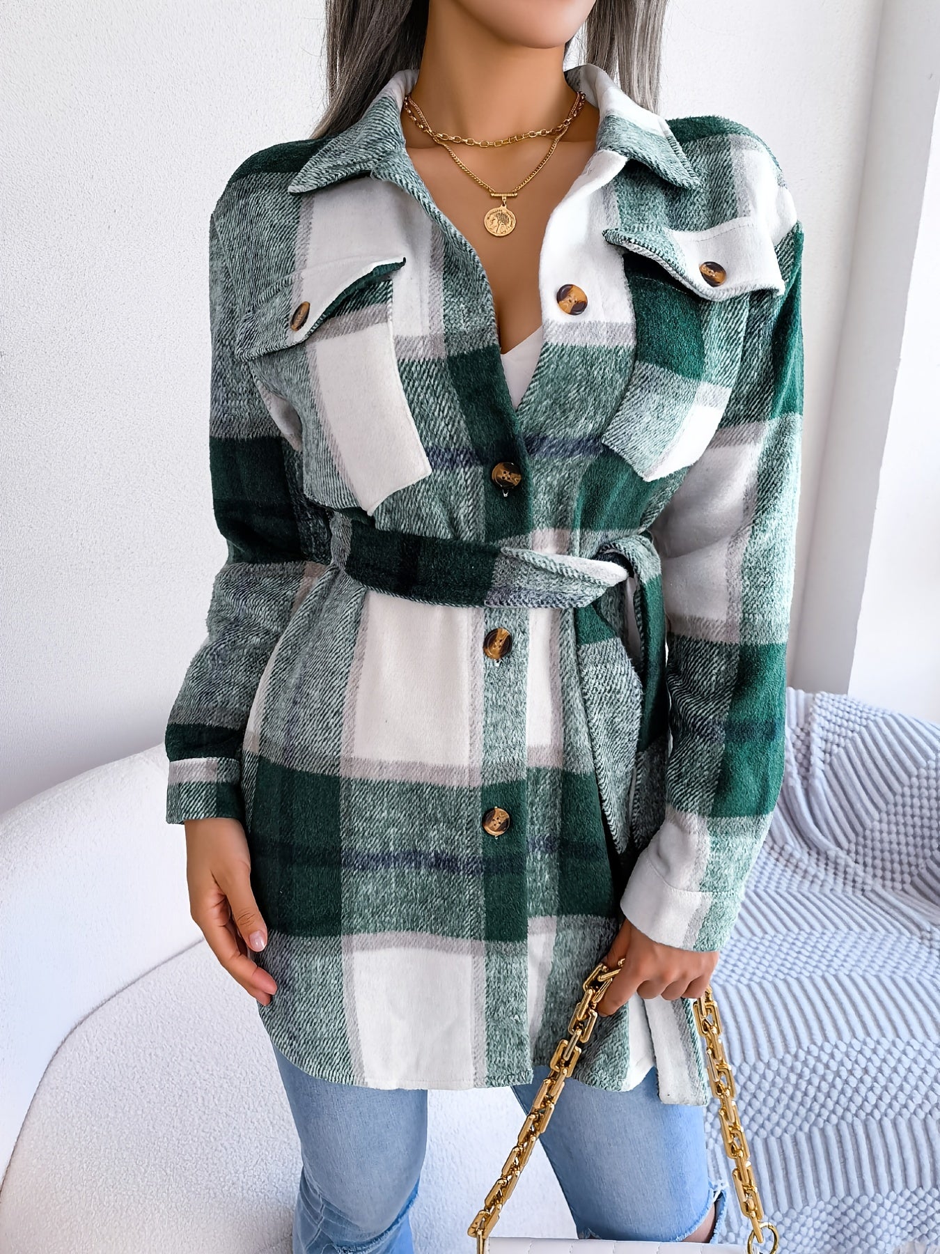 Plaid Lapel Long Sleeve Coat, Casual Button Front Outerwear For Winter & Fall, Women's Clothing