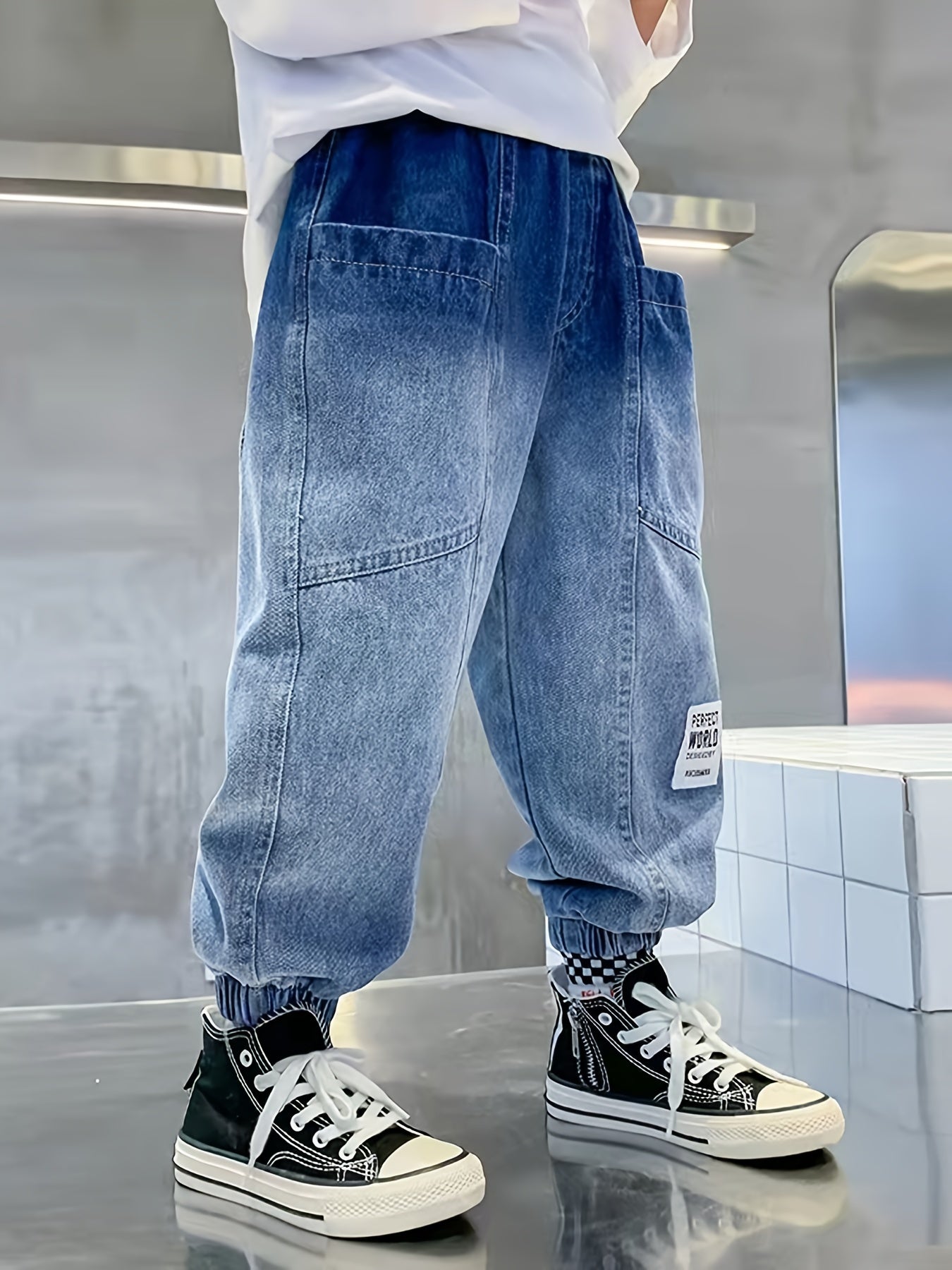 Boys Tapered Cargo Denim Jeans With Elastic Waistband Kids Clothes, K-pop