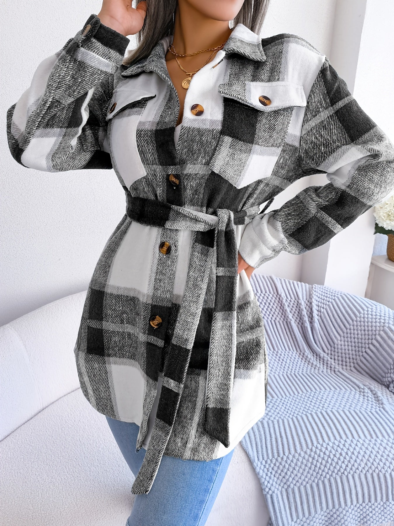 Plaid Lapel Long Sleeve Coat, Casual Button Front Outerwear For Winter & Fall, Women's Clothing