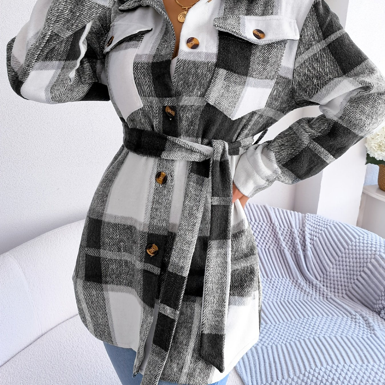 Plaid Lapel Long Sleeve Coat, Casual Button Front Outerwear For Winter & Fall, Women's Clothing