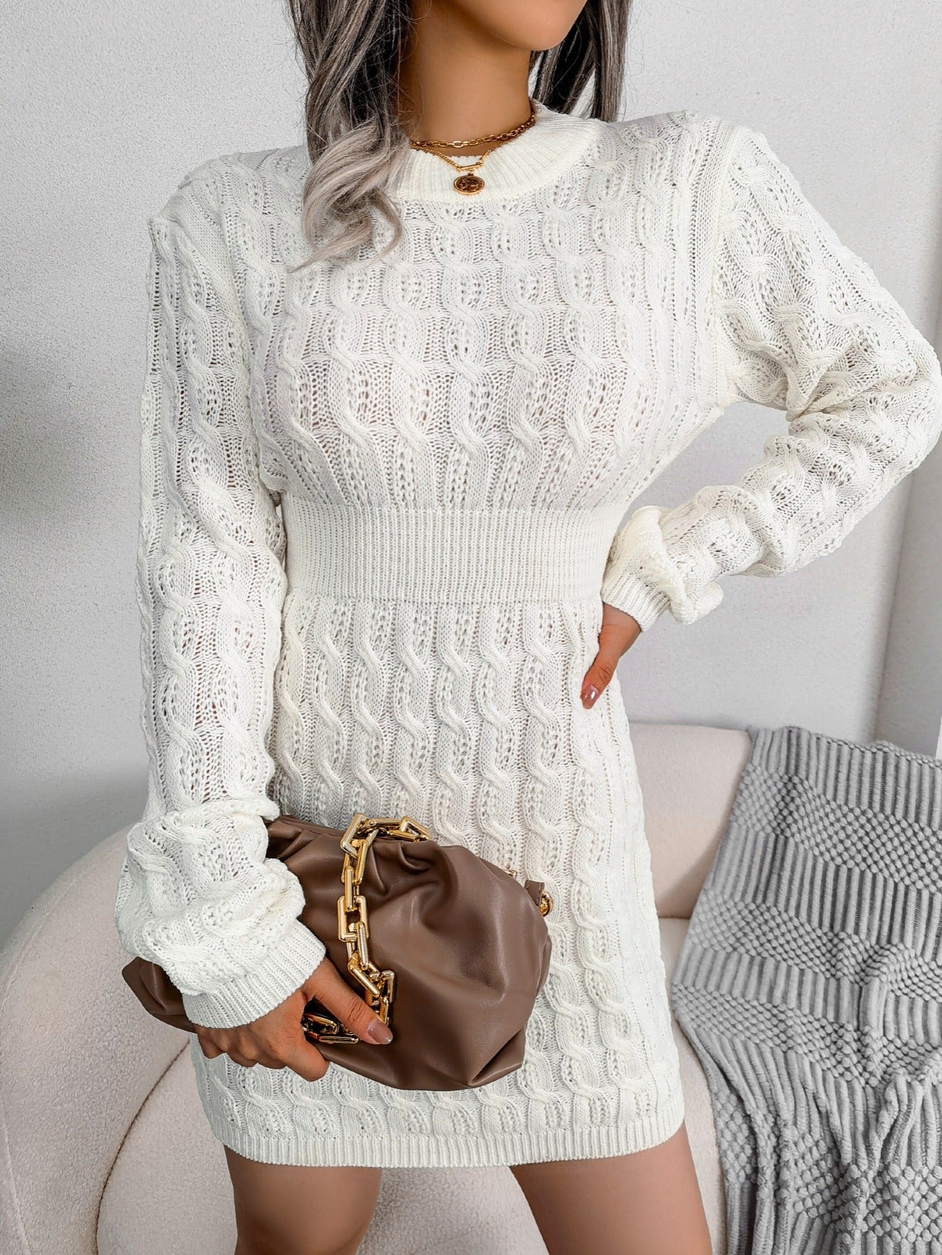 Women's Sweater Round Neck Solid Twist Waist Bottoming Fall Winter Sweater Dress
