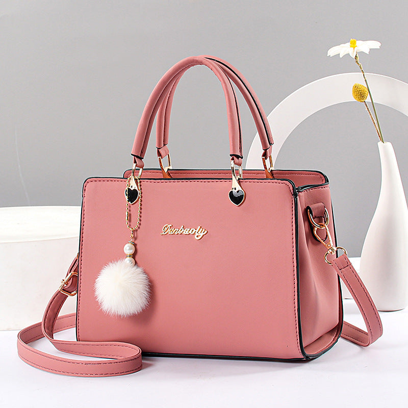 Faux Leather Solid Color Shoulder Bag, Removable Strap, Zipper Closure, Multi Layer Crossbody Bag Design, Polyester Lining, Fade Resistant, Pom Pom Charm, Perfect Holiday Gift