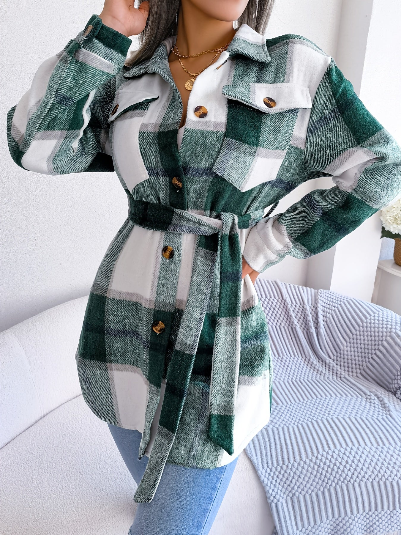 Plaid Lapel Long Sleeve Coat, Casual Button Front Outerwear For Winter & Fall, Women's Clothing