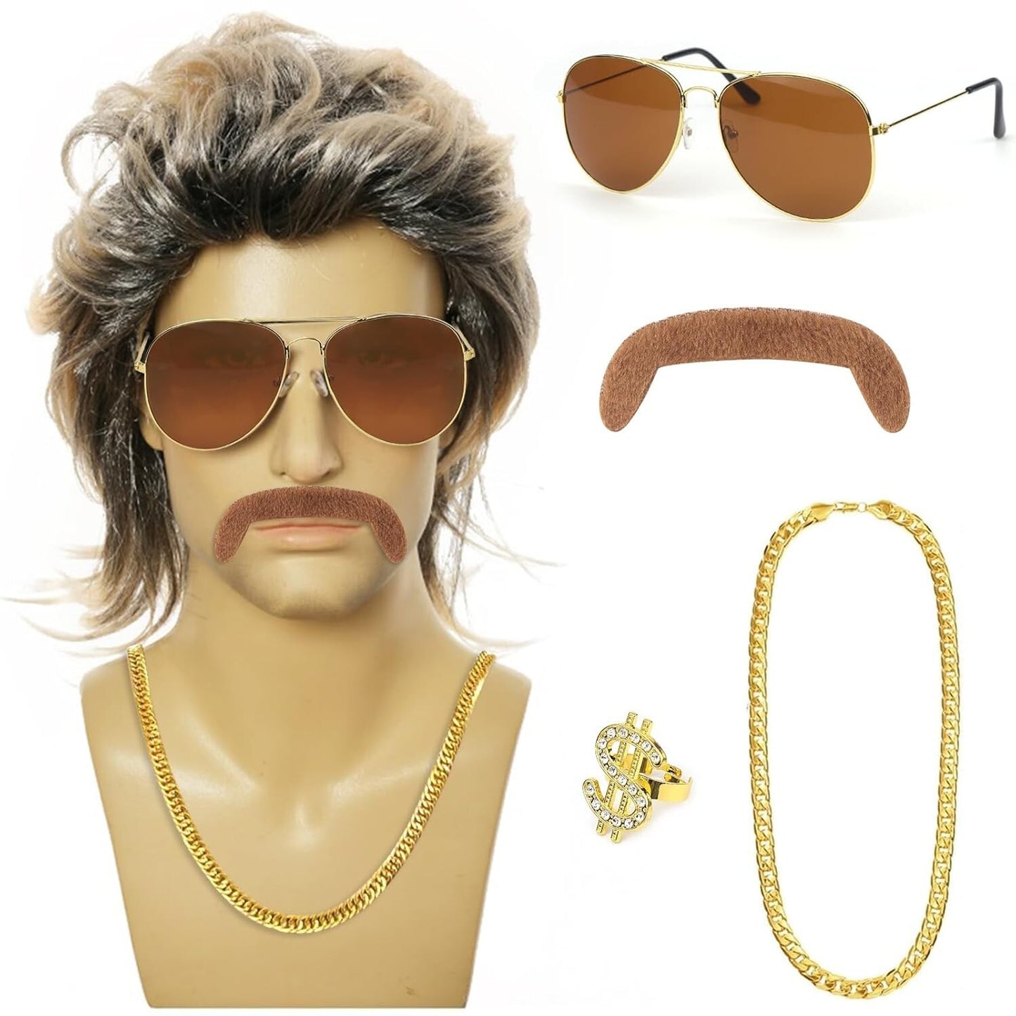 80Er Jahre Outfit Herren Perücken 5Er Set, 70Er 80Er Kostüm Herren Vokuhila Perü