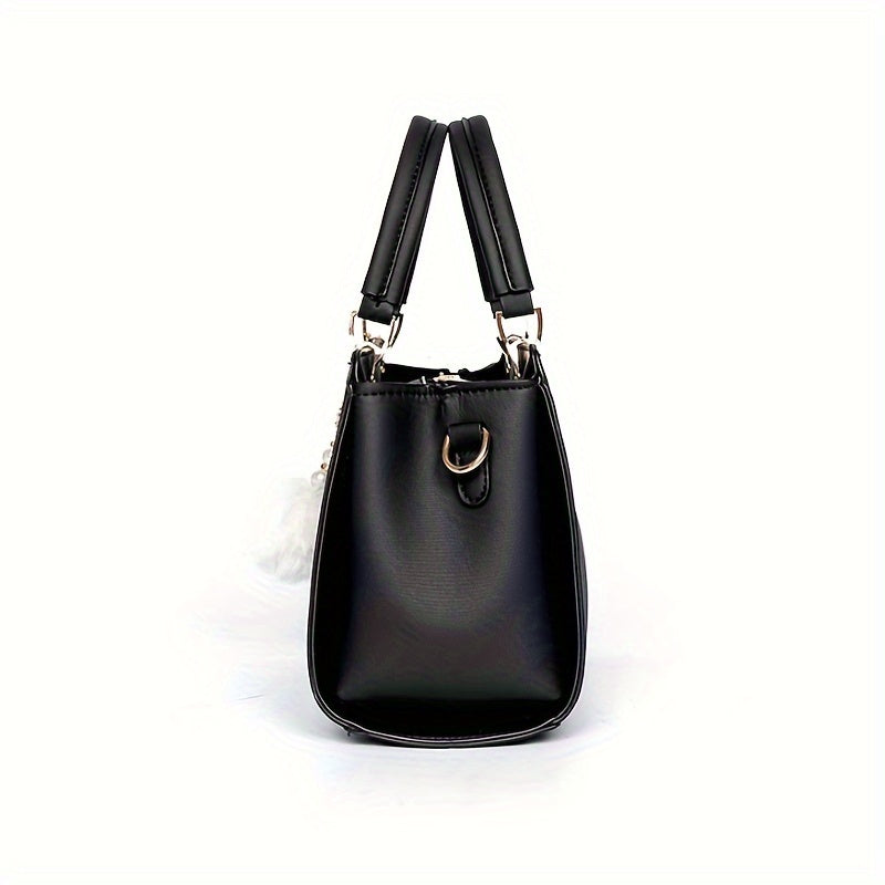 Faux Leather Solid Color Shoulder Bag, Removable Strap, Zipper Closure, Multi Layer Crossbody Bag Design, Polyester Lining, Fade Resistant, Pom Pom Charm, Perfect Holiday Gift