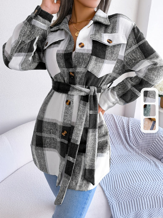 Plaid Lapel Long Sleeve Coat, Casual Button Front Outerwear For Winter & Fall, Women's Clothing