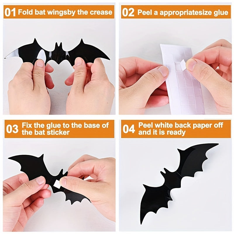 12/24/36/48/60/72/96/120/144pcs, 3D Black PVC Bat Halloween Decoration - Scary Decor Props For Bar Room, Wall Sticker - Perfect For Halloween Party And Supplies, Weird Stuff - Halloween Decorations, Halloween Home Decor, Hall