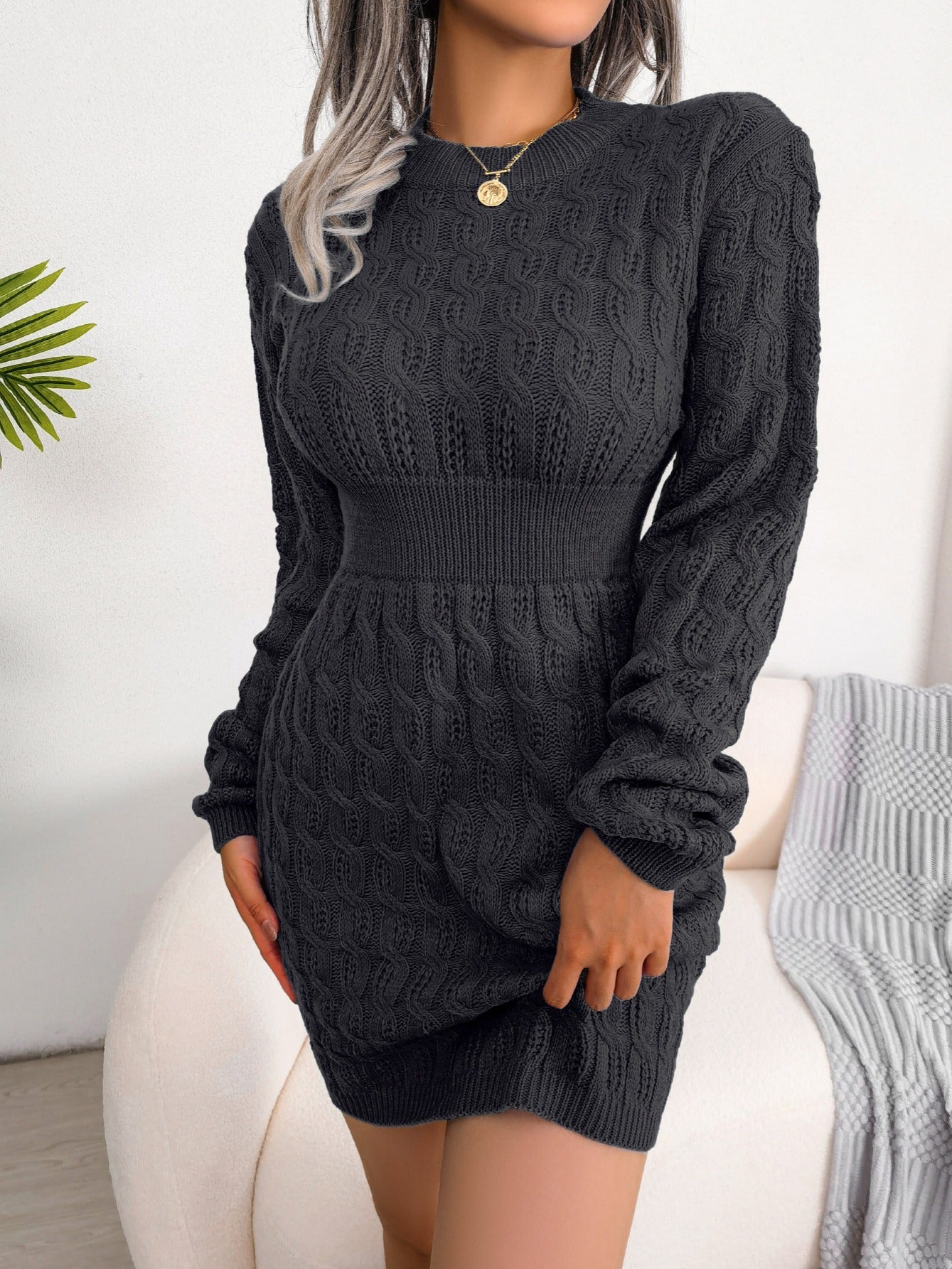 Women's Sweater Round Neck Solid Twist Waist Bottoming Fall Winter Sweater Dress