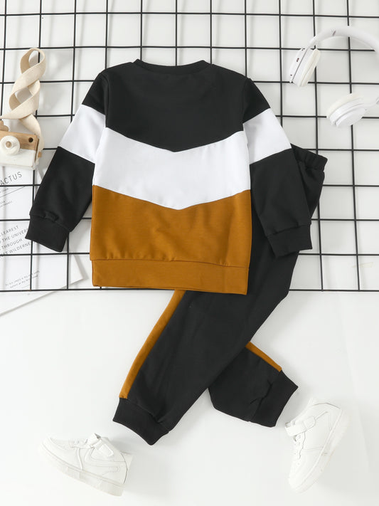 2pcs Baby Boys Splicing Pullover Round Neck Long Sleeve Sweatshirt & Pant Set Kids Clothes