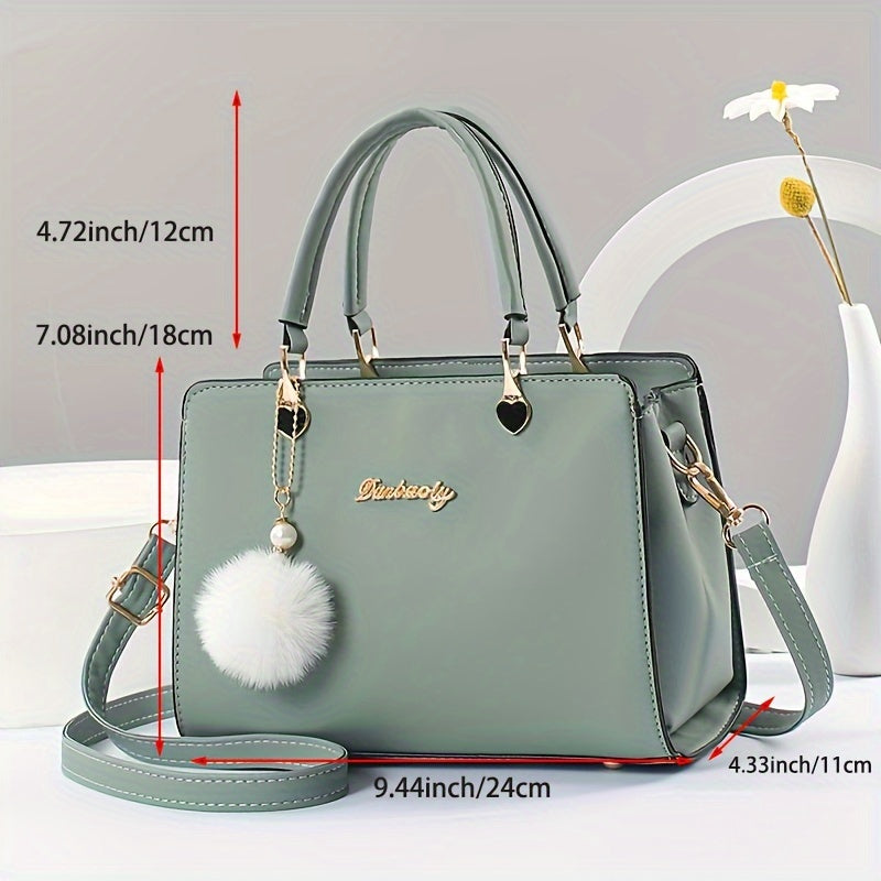 Faux Leather Solid Color Shoulder Bag, Removable Strap, Zipper Closure, Multi Layer Crossbody Bag Design, Polyester Lining, Fade Resistant, Pom Pom Charm, Perfect Holiday Gift
