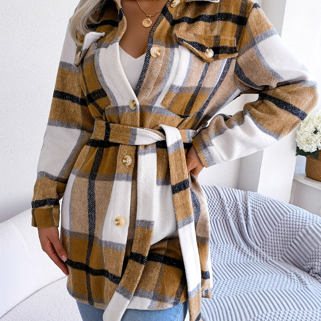 Plaid Lapel Long Sleeve Coat, Casual Button Front Outerwear For Winter & Fall, Women's Clothing