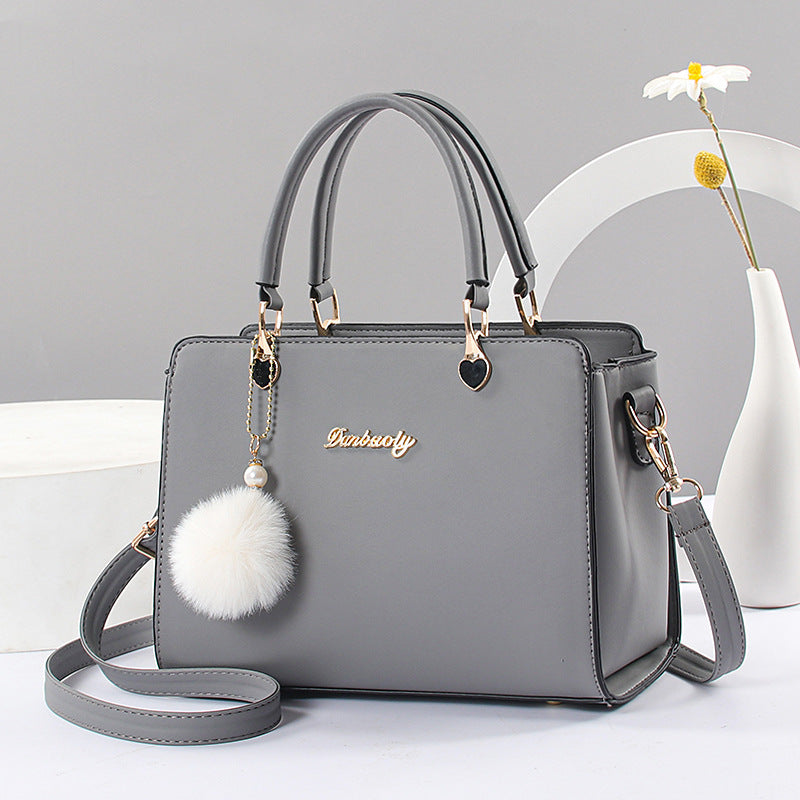 Faux Leather Solid Color Shoulder Bag, Removable Strap, Zipper Closure, Multi Layer Crossbody Bag Design, Polyester Lining, Fade Resistant, Pom Pom Charm, Perfect Holiday Gift