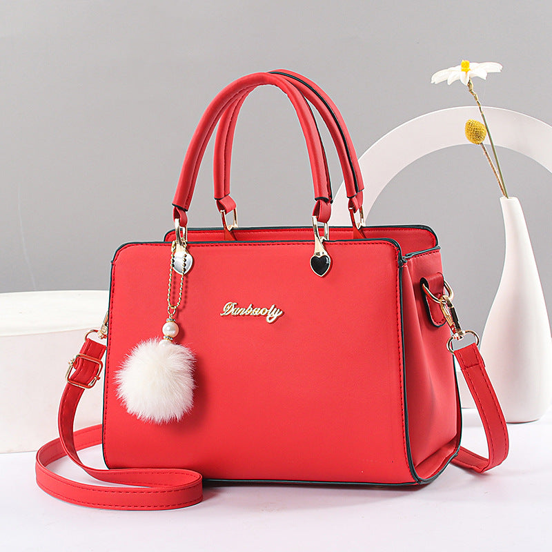 Faux Leather Solid Color Shoulder Bag, Removable Strap, Zipper Closure, Multi Layer Crossbody Bag Design, Polyester Lining, Fade Resistant, Pom Pom Charm, Perfect Holiday Gift