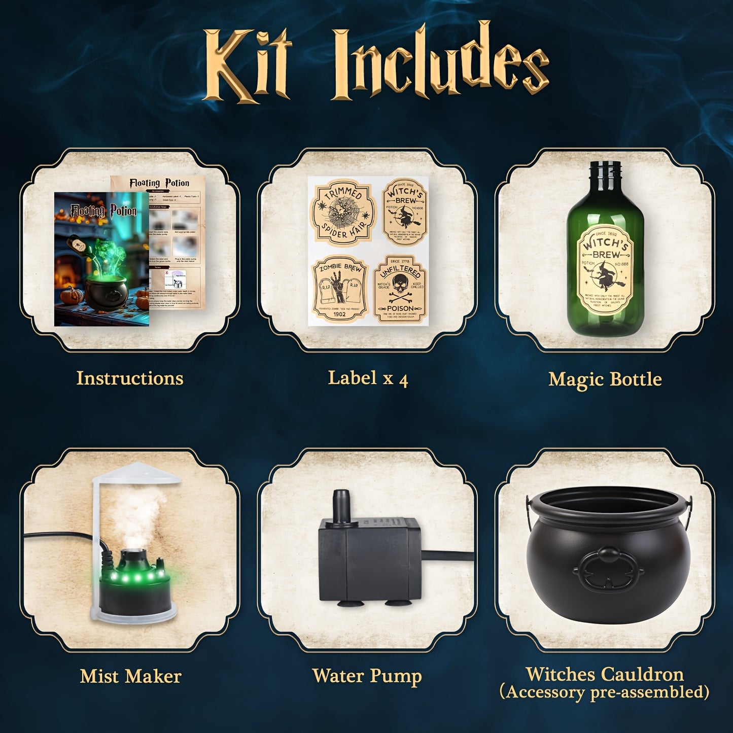 Indoor Halloween Decorations - Witch's Cauldron With Magical Bottles & Fog Maker - Perfect Halloween Party Decor For Home Mantel Table Gifts.