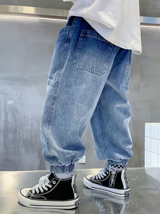 Boys Tapered Cargo Denim Jeans With Elastic Waistband Kids Clothes, K-pop