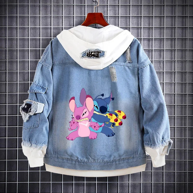 Disney Lilo and Stitch Denim Jacket Spring Autumn Cartoon Sweatshirts Kids Hooded Coats Fashion Adult Casual Streetwear Clothes