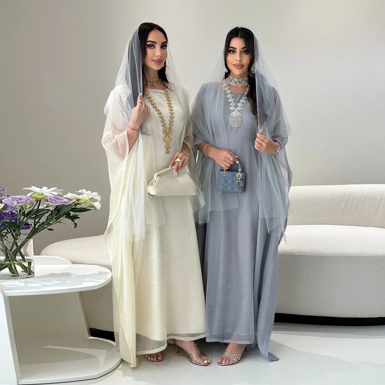 Ramadan Beading Muslim Dress Women Bat Sleeve Abaya Khimar Jilbab Eid Kaftan Robe Hijab Dresses Dubai Kimono Islamic Clothing