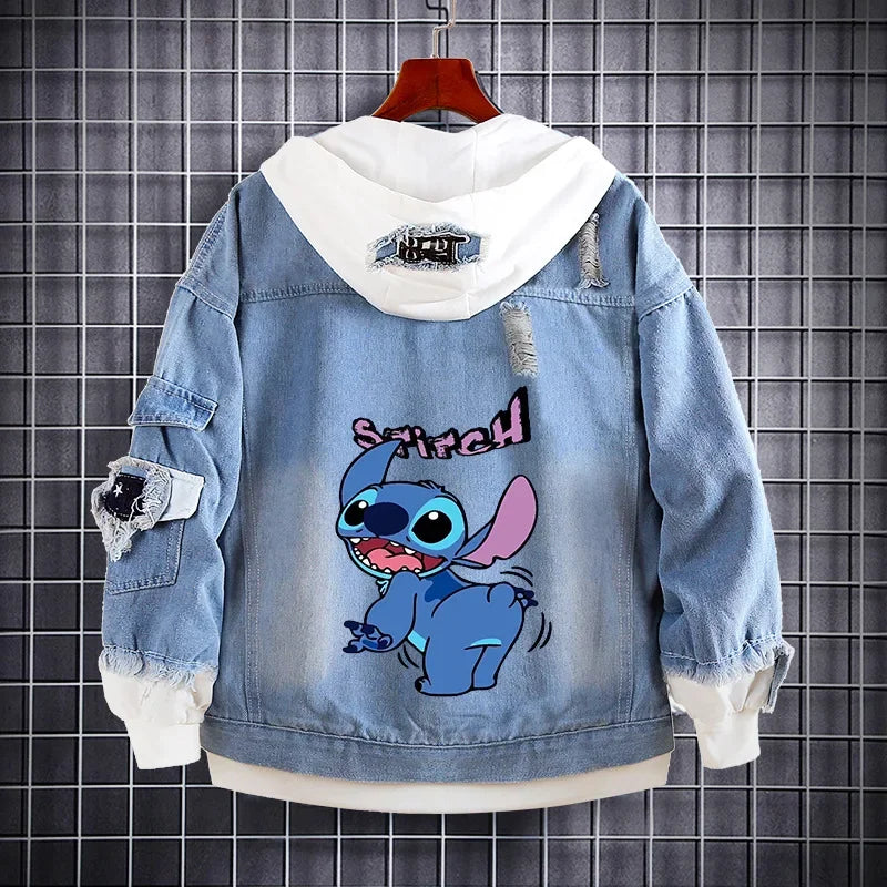 Disney Lilo and Stitch Denim Jacket Spring Autumn Cartoon Sweatshirts Kids Hooded Coats Fashion Adult Casual Streetwear Clothes