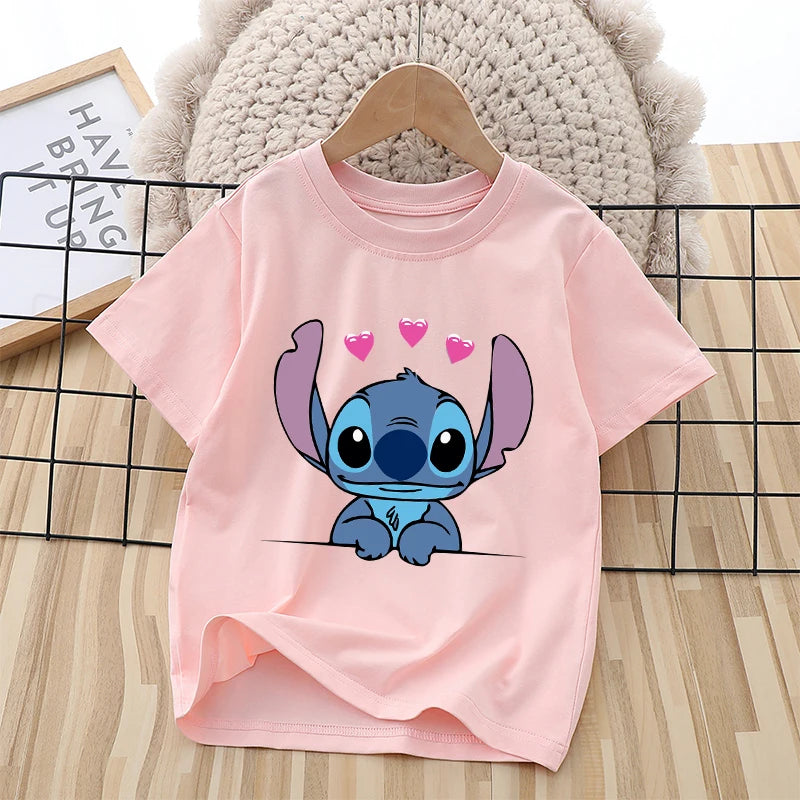 Disney Stitch Kids Cotton T-shirt Anime Cartoon Printed Pink Pullover Summer Boys Girls Comfortable Breathable Top Birthday Gift