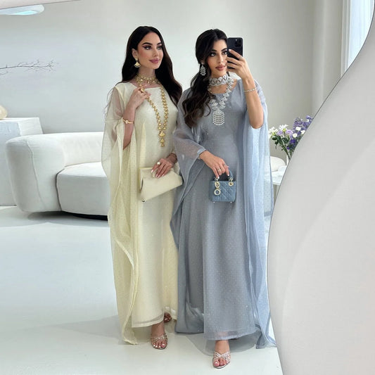 Ramadan Beading Muslim Dress Women Bat Sleeve Abaya Khimar Jilbab Eid Kaftan Robe Hijab Dresses Dubai Kimono Islamic Clothing