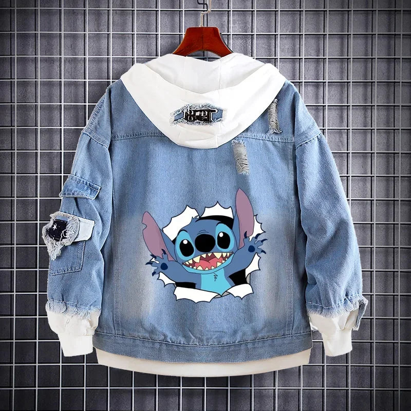 Disney Lilo and Stitch Denim Jacket Spring Autumn Cartoon Sweatshirts Kids Hooded Coats Fashion Adult Casual Streetwear Clothes
