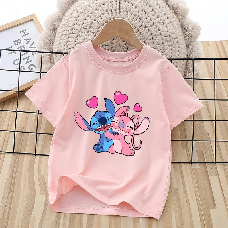 Disney Stitch Kids Cotton T-shirt Anime Cartoon Printed Pink Pullover Summer Boys Girls Comfortable Breathable Top Birthday Gift