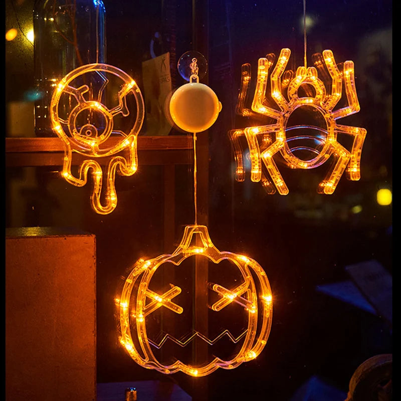 Halloween Decoration Window Lights Pumpkin Spider Ghost Witch Hat Hanging LED Sucker Lamp for Home Bar Halloween Party Decor