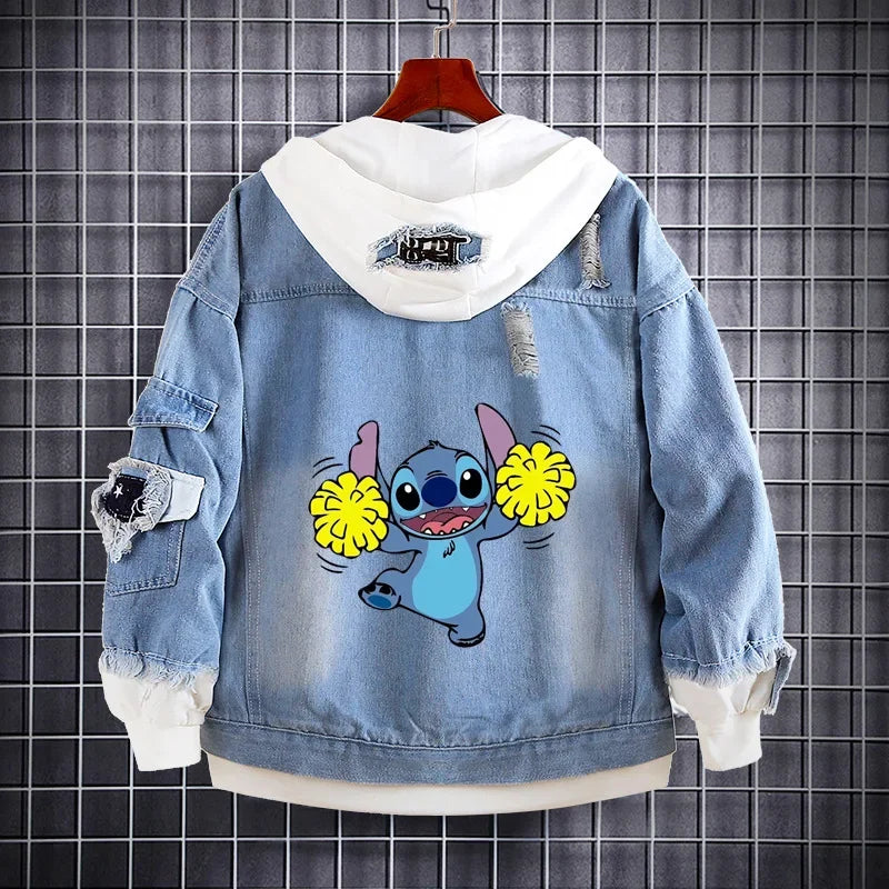 Disney Lilo and Stitch Denim Jacket Spring Autumn Cartoon Sweatshirts Kids Hooded Coats Fashion Adult Casual Streetwear Clothes