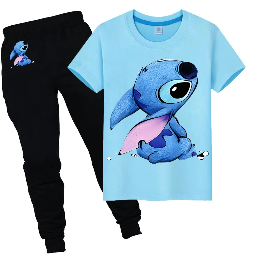Stitch Disney Summer Sports suit boys girls Print 100%Cotton T-shirt Cute Tshirts disney Kawaii Tees Short+pant kid holiday gift