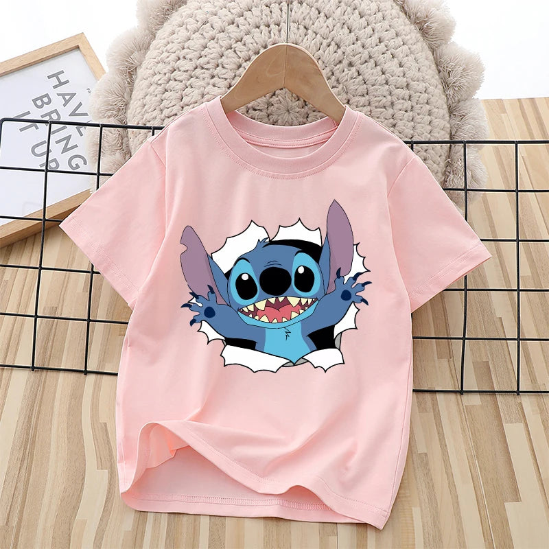 Disney Stitch Kids Cotton T-shirt Anime Cartoon Printed Pink Pullover Summer Boys Girls Comfortable Breathable Top Birthday Gift
