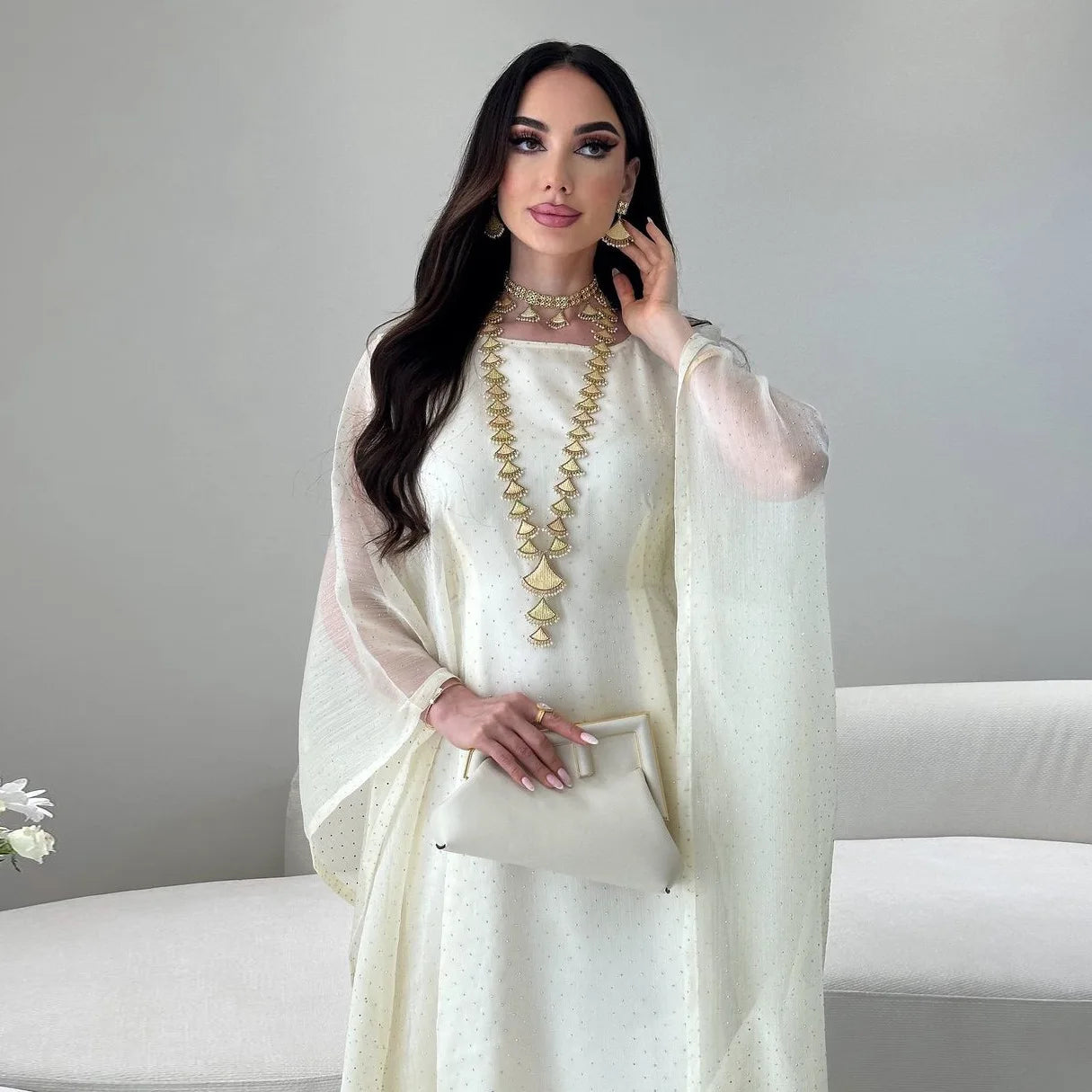 Ramadan Beading Muslim Dress Women Bat Sleeve Abaya Khimar Jilbab Eid Kaftan Robe Hijab Dresses Dubai Kimono Islamic Clothing