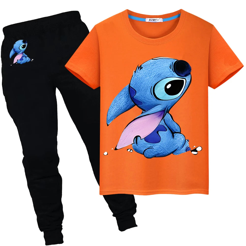 Stitch Disney Summer Sports suit boys girls Print 100%Cotton T-shirt Cute Tshirts disney Kawaii Tees Short+pant kid holiday gift