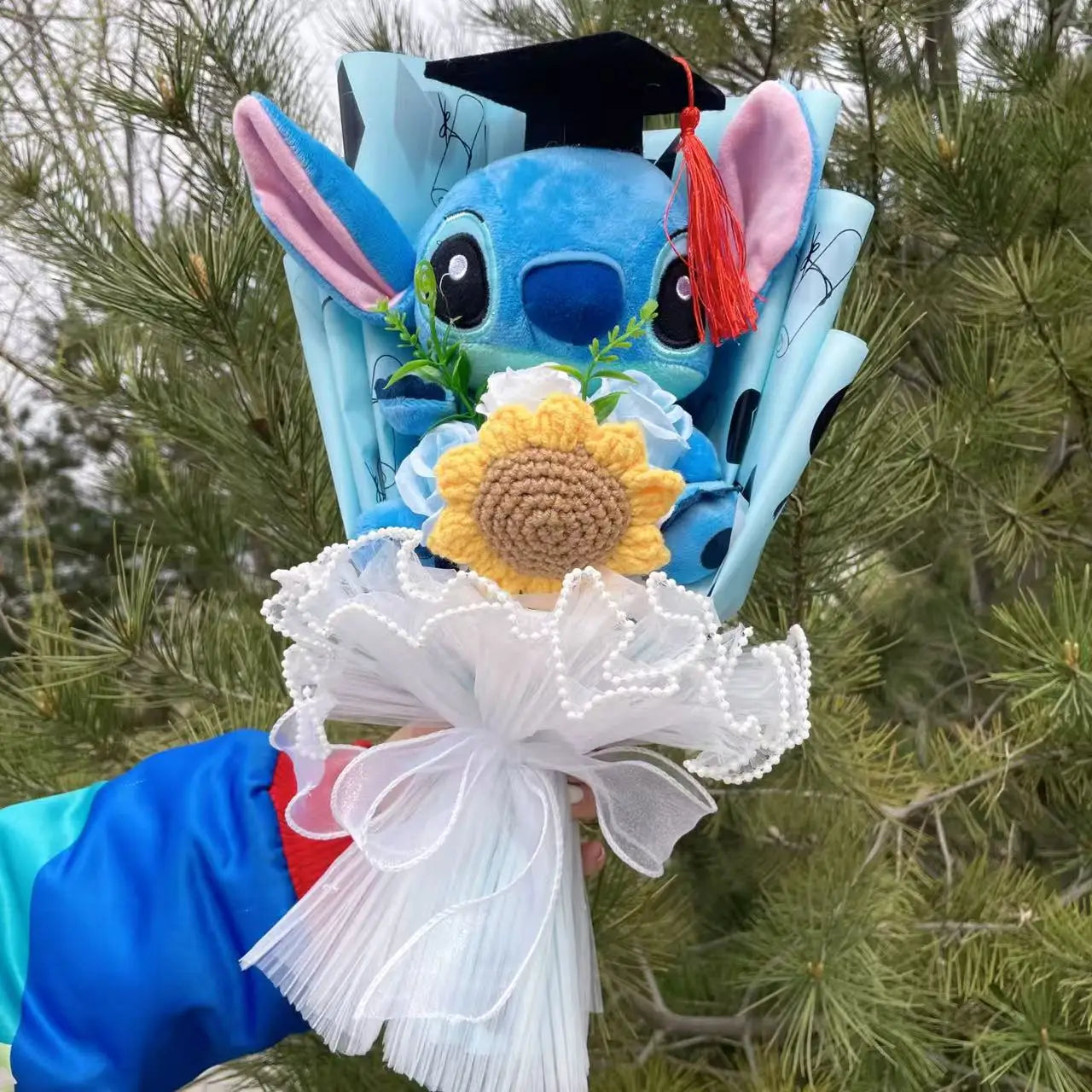 Catoon Stich Plush Doll Toy With Flowers Creative Handmade Bouquet Stuffed Animals Valentine Christmas Graduation Gift