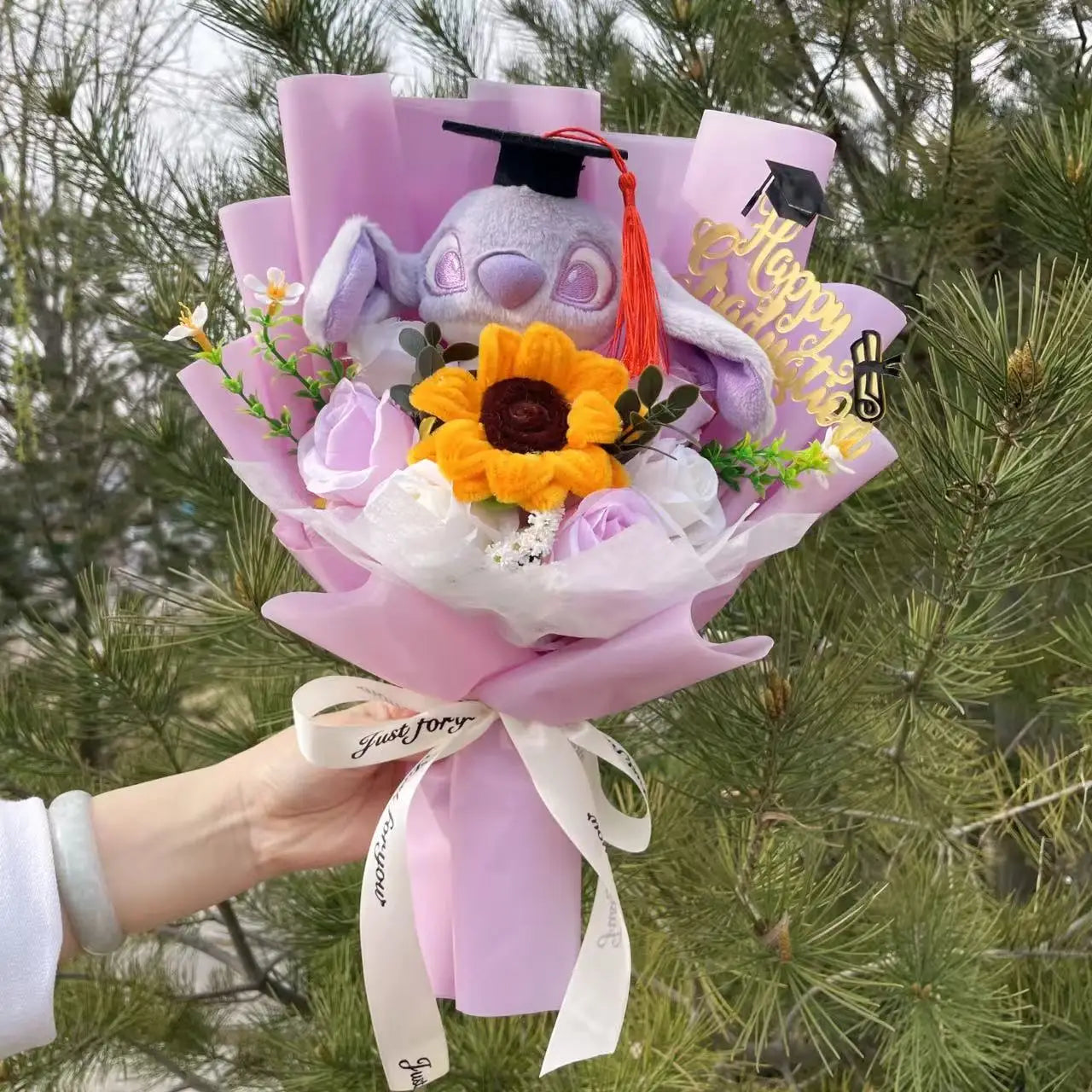 Catoon Stich Plush Doll Toy With Flowers Creative Handmade Bouquet Stuffed Animals Valentine Christmas Graduation Gift