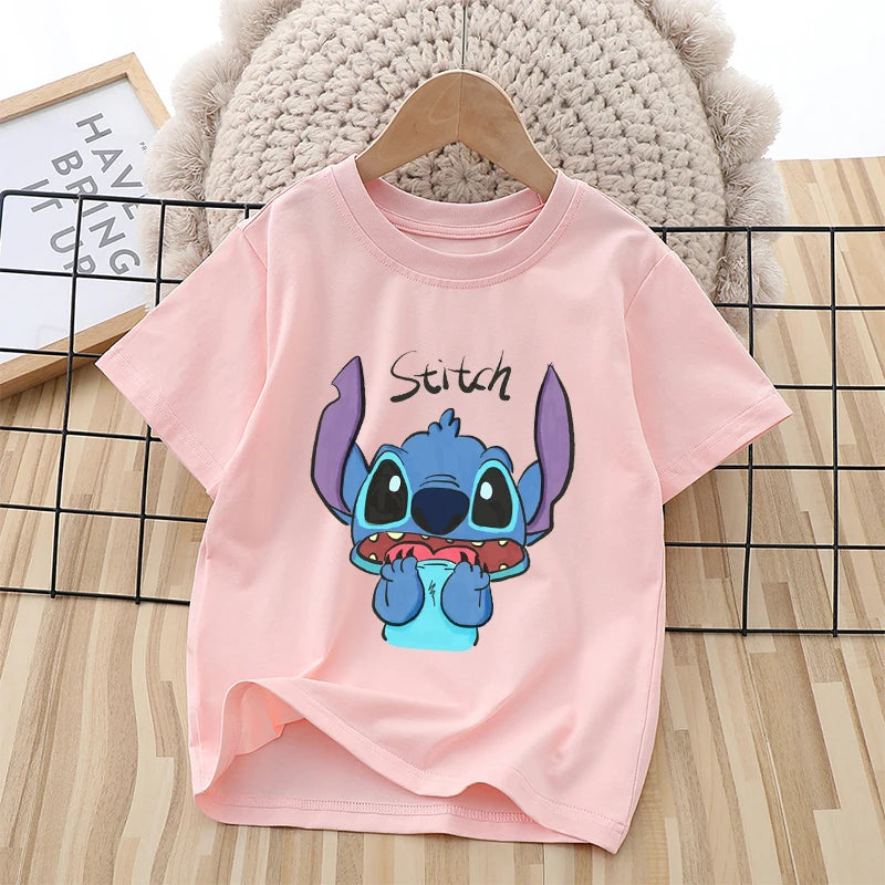 Disney Stitch Kids Cotton T-shirt Anime Cartoon Printed Pink Pullover Summer Boys Girls Comfortable Breathable Top Birthday Gift