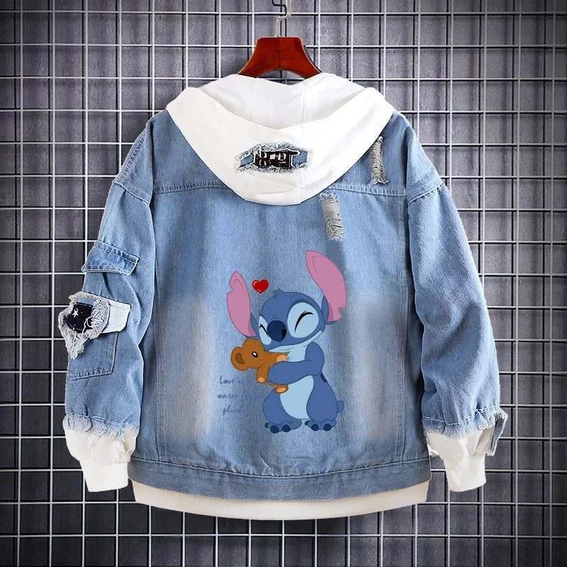 Disney Lilo and Stitch Denim Jacket Spring Autumn Cartoon Sweatshirts Kids Hooded Coats Fashion Adult Casual Streetwear Clothes