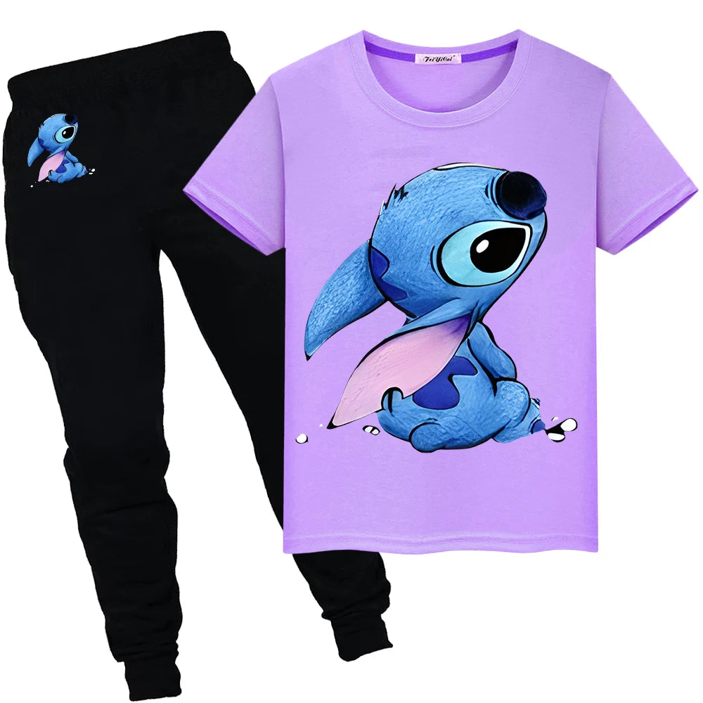 Stitch Disney Summer Sports suit boys girls Print 100%Cotton T-shirt Cute Tshirts disney Kawaii Tees Short+pant kid holiday gift
