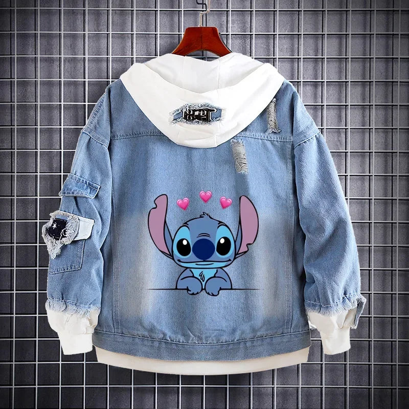 Disney Lilo and Stitch Denim Jacket Spring Autumn Cartoon Sweatshirts Kids Hooded Coats Fashion Adult Casual Streetwear Clothes