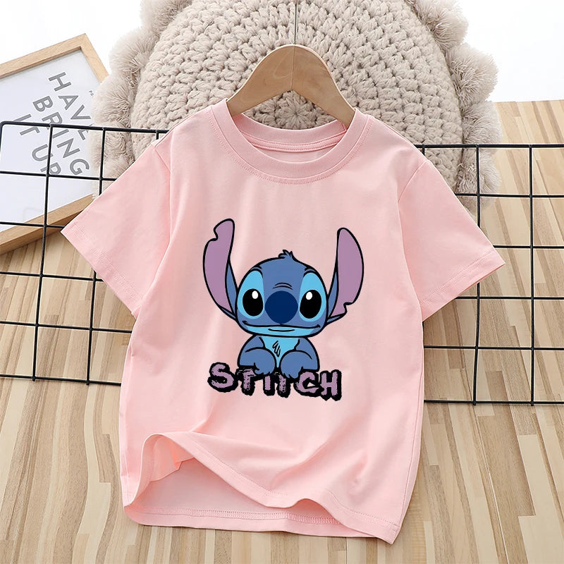 Disney Stitch Kids Cotton T-shirt Anime Cartoon Printed Pink Pullover Summer Boys Girls Comfortable Breathable Top Birthday Gift
